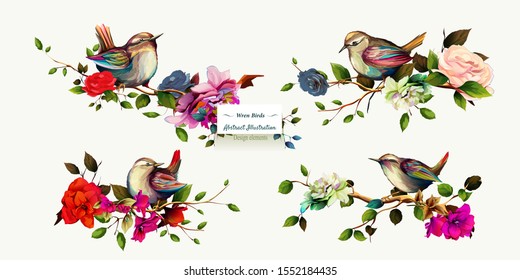 Wren birds on branches with leaves. Set of four pictures. Hand drawn, watercolor, isolated on white. Vector - stock.