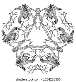 Wren birds on triangle viking mandala black and white vector illustration engraving 