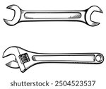 Wrench and adjustable wrench. Black and white illustration of wrenches. Vector.