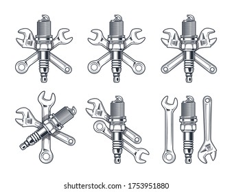 Wrench, adjustable wrench and spark plug. Repair tools icon isolated on white background. Vector illustration. 