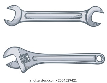 Wrench and adjustable wrench. Vector illustration.