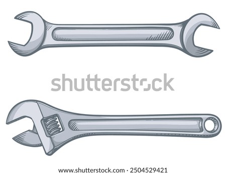 Wrench and adjustable wrench. Vector illustration.