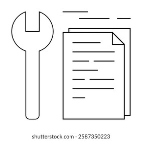 Wrench alongside a document with text lines conveys maintenance and documentation themes. Ideal for technical support, repair guides, manuals, service documentation, project management, engineering