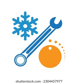 A wrench, an appliance knob and ice symbol on a white background with copy space