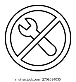 Icono de línea delgada de la prohibición de la llave inglesa, concepto de reparación. Gráficos de Vector. Prohibido, signo prohibido del artículo en el fondo blanco, icono del estilo del contorno para el móvil o el Diseño web
