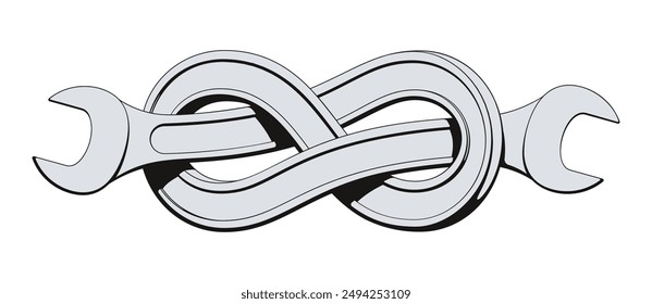 Wrench bent into eight knot. Twisted spanner repair tool. Symbol of physical strength. Tattoo design vector illustration isolated on white background.