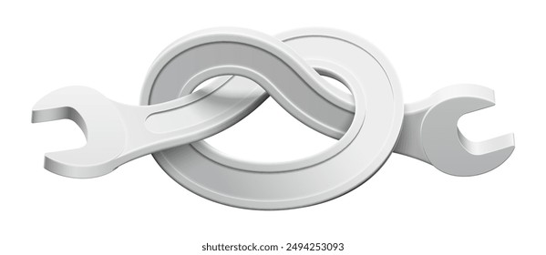 Wrench bent into a knot. Twisted spanner repair tool. Symbol of physical strength. Realistic vector illustration isolated on white background..