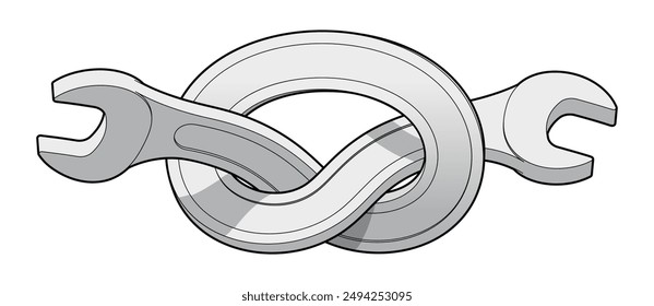 Wrench bent into a knot. Twisted spanner repair tool. Sign for support service workshop. Vector illustration with editable outlines isolated on white background.