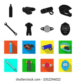 A wrench, a bicyclist bone, a reflector, a timer.Cyclist outfit set collection icons in black,flet style vector symbol stock illustration web.