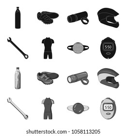 A wrench, a bicyclist bone, a reflector, a timer.Cyclist outfit set collection icons in black,monochrome style vector symbol stock illustration web.