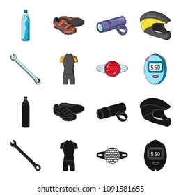 A wrench, a bicyclist bone, a reflector, a timer.Cyclist outfit set collection icons in black,cartoon style vector symbol stock illustration web.