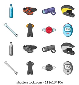 A wrench, a bicyclist bone, a reflector, a timer.Cyclist outfit set collection icons in cartoon,monochrome style vector symbol stock illustration web.