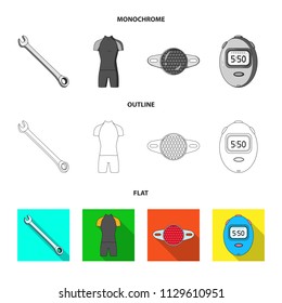 A wrench, a bicyclist bone, a reflector, a timer.Cyclist outfit set collection icons in flat,outline,monochrome style vector symbol stock illustration web.