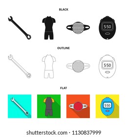 A wrench, a bicyclist bone, a reflector, a timer.Cyclist outfit set collection icons in black,flat,outline style vector symbol stock illustration web.