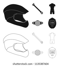 A wrench, a bicyclist bone, a reflector, a timer.Cyclist outfit set collection icons in black,outline style vector symbol stock illustration web.