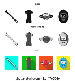 A wrench, a bicyclist bone, a reflector, a timer.Cyclist outfit set collection icons in black, flat, monochrome style vector symbol stock illustration web.