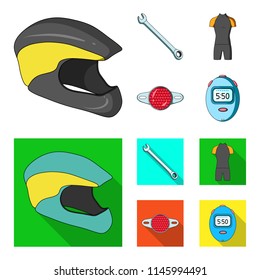 A wrench, a bicyclist bone, a reflector, a timer.Cyclist outfit set collection icons in cartoon,flat style vector symbol stock illustration web.