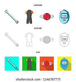 A wrench, a bicyclist bone, a reflector, a timer.Cyclist outfit set collection icons in cartoon,outline,flat style vector symbol stock illustration web.