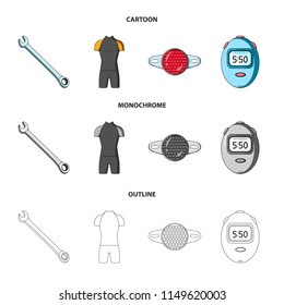 A wrench, a bicyclist bone, a reflector, a timer.Cyclist outfit set collection icons in cartoon,outline,monochrome style vector symbol stock illustration web.