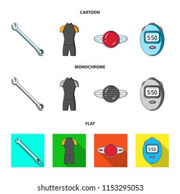 A wrench, a bicyclist bone, a reflector, a timer.Cyclist outfit set collection icons in cartoon,flat,monochrome style vector symbol stock illustration web.