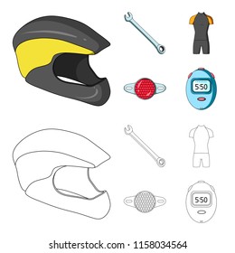 A wrench, a bicyclist bone, a reflector, a timer.Cyclist outfit set collection icons in cartoon,outline style vector symbol stock illustration web.