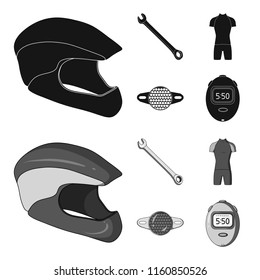 A wrench, a bicyclist bone, a reflector, a timer.Cyclist outfit set collection icons in black,monochrome style vector symbol stock illustration web.