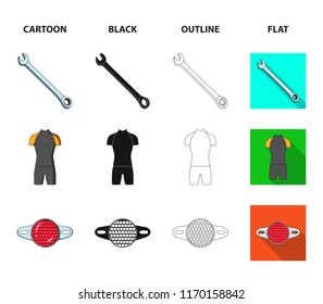 A wrench, a bicyclist bone, a reflector, a timer.Cyclist outfit set collection icons in cartoon,black,outline,flat style vector symbol stock illustration web.