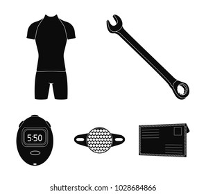 A wrench, a bicyclist's bone, a reflector, a timer.Cyclist outfit set collection icons in black style vector symbol stock illustration web.
