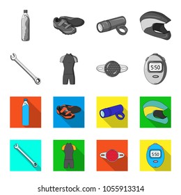 A wrench, a bicyclist's bone, a reflector, a timer.Cyclist outfit set collection icons in monochrome,flat style vector symbol stock illustration web.