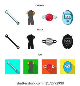 A wrench, a bicyclist's bone, a reflector, a timer.Cyclist outfit set collection icons in cartoon,black,flat style vector symbol stock illustration web.