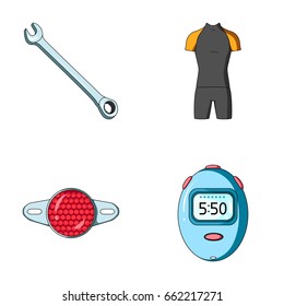 A wrench, a bicyclist's bone, a reflector, a timer.Cyclist outfit set collection icons in cartoon style vector symbol stock illustration web.