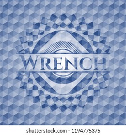 Wrench blue emblem or badge with abstract geometric polygonal pattern background.