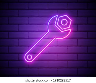 Wrench blue glowing neon ui ux icon. Glowing sign logo vector isolated on brick wall background.