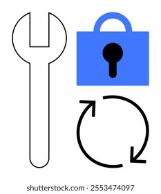 Wrench, blue locked padlock, and circular arrow symbols. Ideal for technology, security, maintenance, data protection, updates. Simple, flat, modern style. Represents three key aspects in