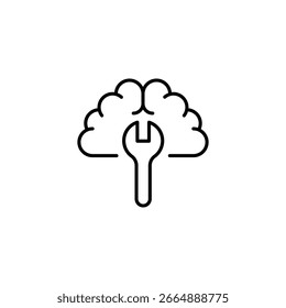 Llave inglesa e ilustración cerebral que representa la resolución de problemas y el procesamiento mental