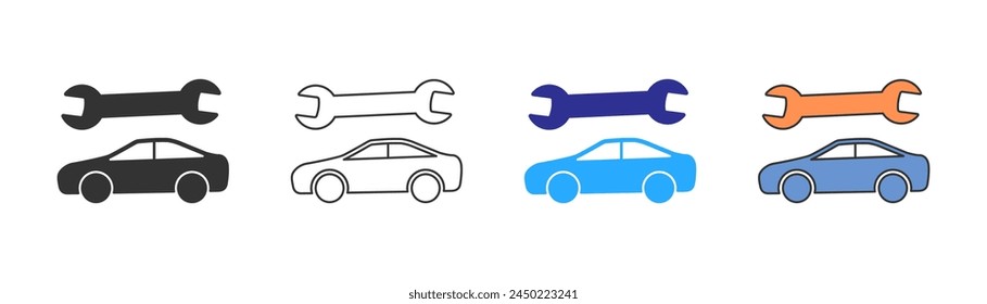 Wrench and car, mechanical problem, repair, tools. Auto repair and maintenance service. Outline, flat and colored vector icon set.