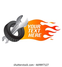 Wrench, car wheel with fire flame (car service emblem)