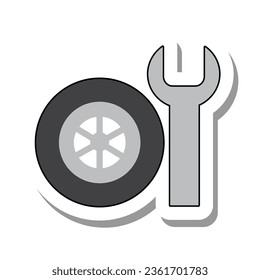 Icono de pegatina de papel plano para la llave y la rueda del coche. Equipamiento y piezas de repuesto para la tienda de reparación de coches y bicicletas aisladas en fondo blanco. Transporte, maquinaria, concepto de servicio de coches