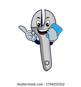 Wrench character cartoon illustration with phone. Design template vector