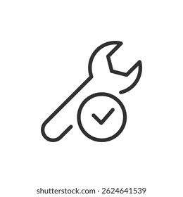 Wrench and checkmark, linear icon. Approved tool or successful repair. Line with editable stroke.