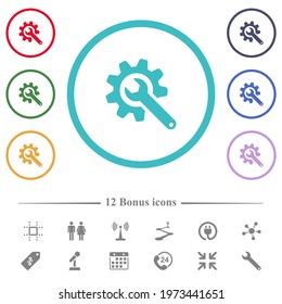 Wrench with cogwheel flat color icons in circle shape outlines. 12 bonus icons included.