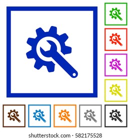 Wrench with cogwheel flat color icons in square frames on white background