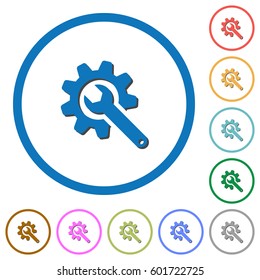 Wrench with cogwheel flat color vector icons with shadows in round outlines on white background