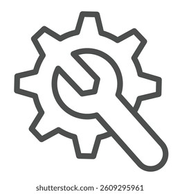 Wrench with cogwheel gear line icon, repair service concept. Vector graphics. Mechanic tool, custom settings sign on white background, outline style icon for mobile or web design