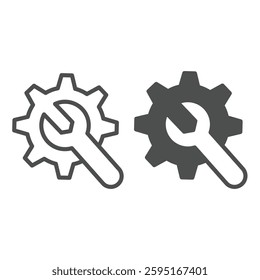 Wrench with cogwheel gear line and solid icon, repair service concept. Vector graphics. Mechanic tool, custom settings sign on white background, outline style icon for mobile or web design