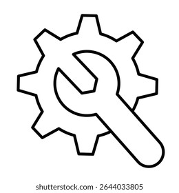 Chave com engrenagem de roda dentada ícone de linha fina, conceito de serviço de reparo. Gráficos vetoriais. Ferramenta mecânica, configurações personalizadas assinar em fundo branco, estilo móvel ou design