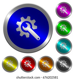 Wrench with cogwheel icons on round luminous coin-like color steel buttons