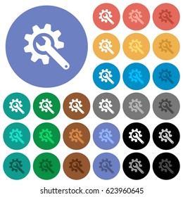 Wrench with cogwheel multi colored flat icons on round backgrounds. Included white, light and dark icon variations for hover and active status effects, and bonus shades on black backgounds.