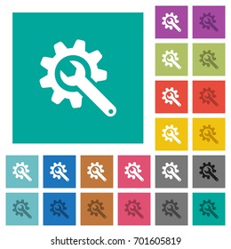 Wrench with cogwheel multi colored flat icons on plain square backgrounds. Included white and darker icon variations for hover or active effects.
