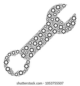 Wrench collage of cogs. Vector gear components are organized into wrench figure.